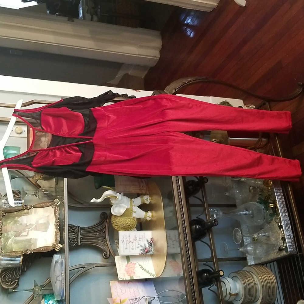 Cold Shoulder Mesh Red Velvet Patchwork Jumpsuit … - image 6